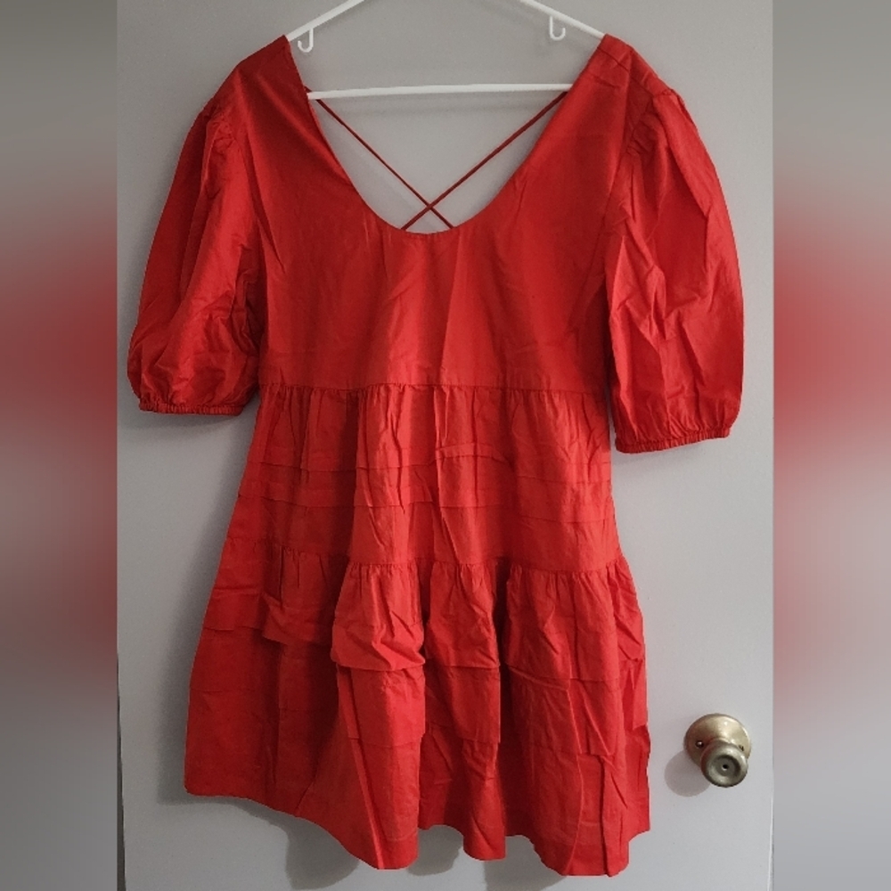 MNG Tiered Red Dress with Puff Sleeves Size M